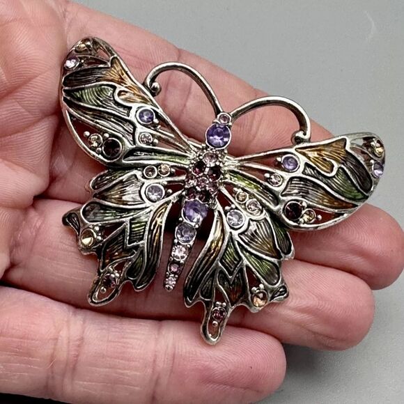 Vintage Silver Tone Monet Enamel Rhinestone Butterfly Brooch Pin, 2.5" - Picture 3 of 5